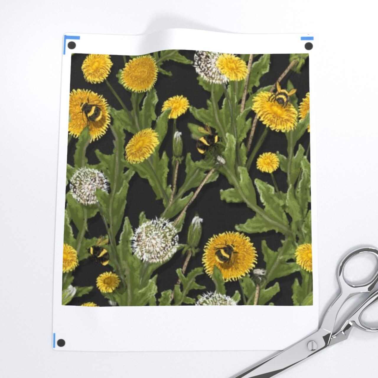 Dandelions Black Bees Flower Yellow Floral Garden Dandelion Custom Printed Fabric by Spoonflower Various Fabrics by the Yard or Fat Quarter